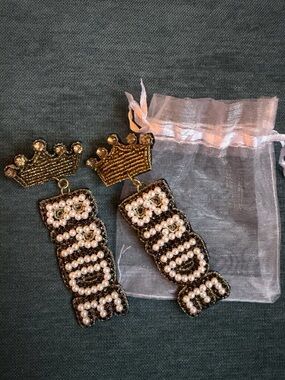 Gold Crown ‘BRIDE’ Beaded Pearl Earrings